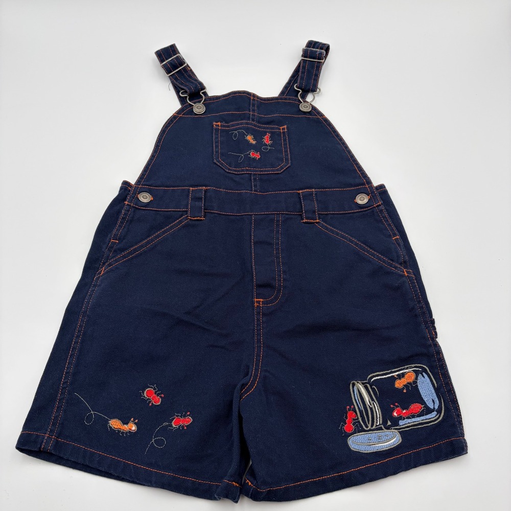 Nino Paqueno Toddler 5T Navy Blue Embroidered Ant Bug Jar Canvas Shortalls